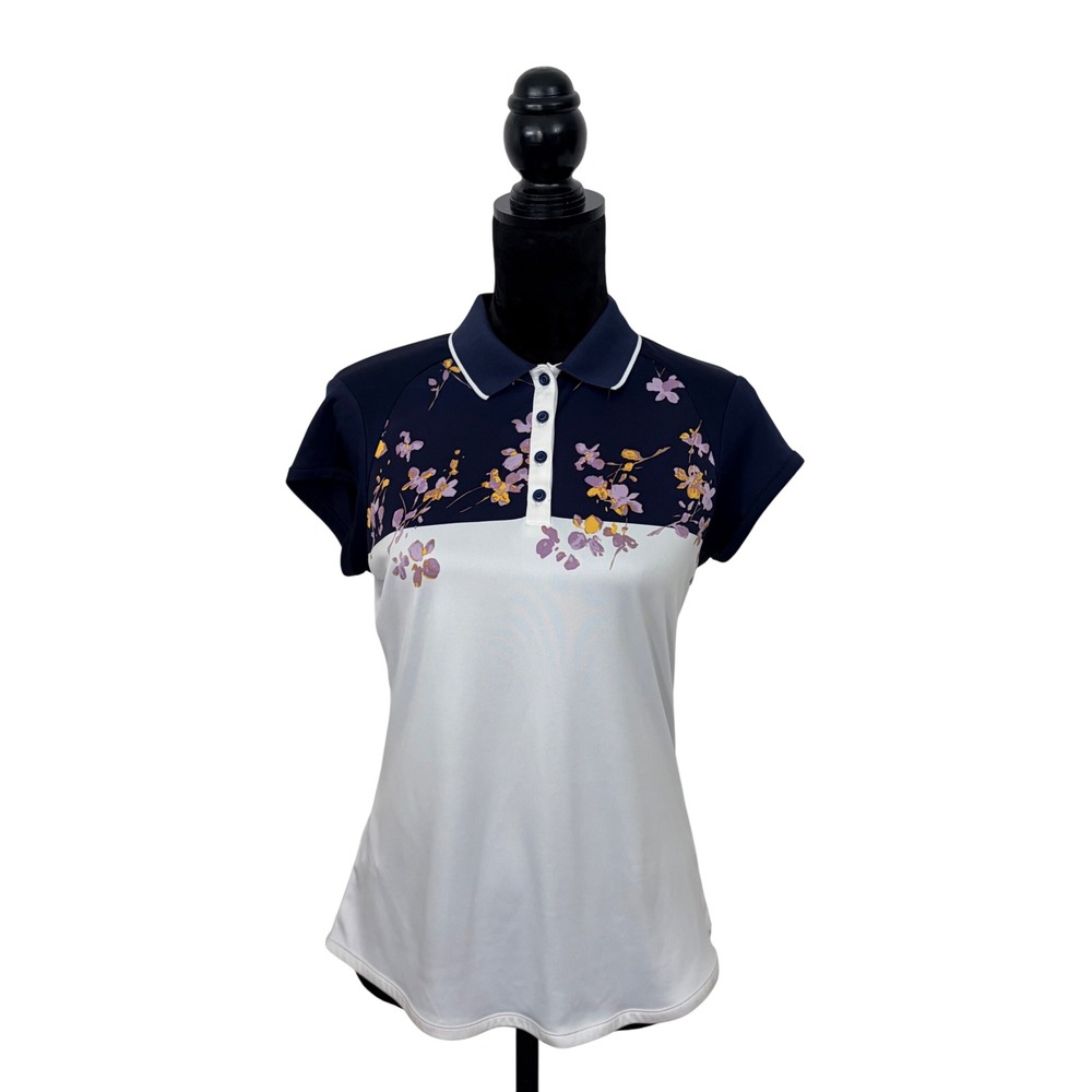 PGA Tour Womens M Golf Polo Shirt Navy White Floral Classic Preppy Tennis Sporty